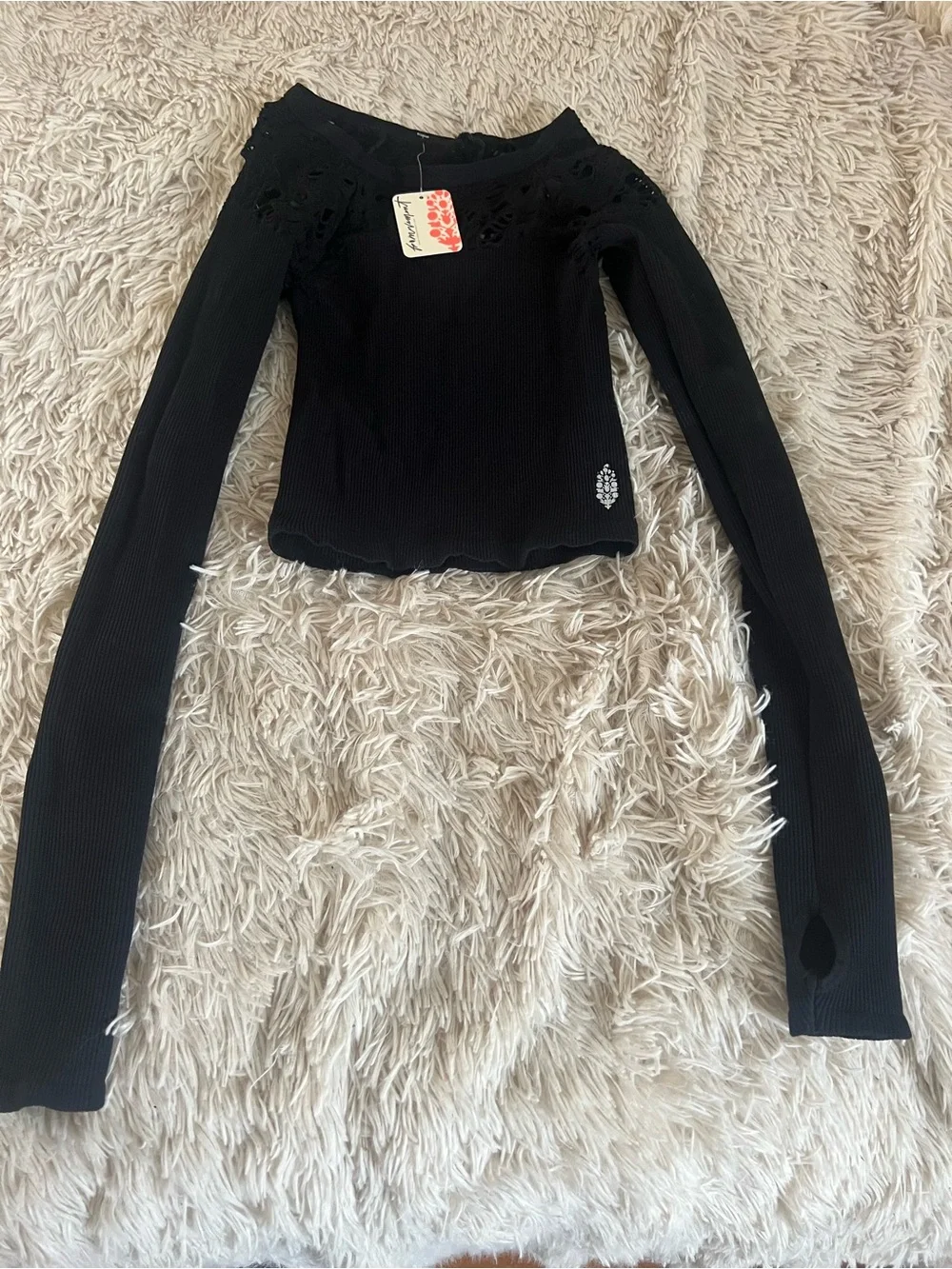 Free People Black Ribbed Long-Sleeve Lace-Trim Top
